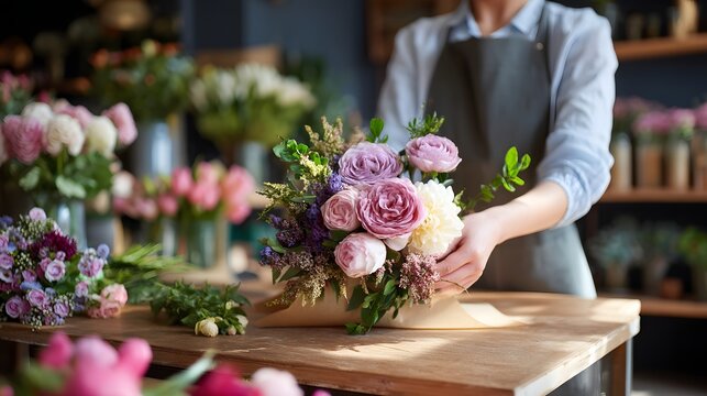 A woman is holding a bouquet of flowers on a table