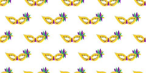 Vector seamless pattern with yellow mardi gras mask with colorful feather on white background, festive carnival masquerade costume repeat for party wrapping paper. Holiday decoration design. © Ulyana Mo