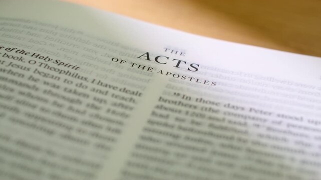 Bible Acts book pages turn during a close up study of holy scripture. High quality detailed shot of flipping white paper in the New Testament book about the early church and the Holy Spirit.