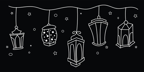 ramadan hanging lantern white line art vector on black, islamic lantern outline vector on dark background, ramadan kareem lantern doodle black background