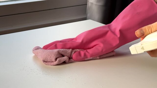 A hand in pink gloves wipes a table with a rag. Cleaning with a spray. Household cleaning.