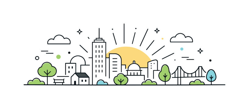 Spring City Silhouette. Minimal spring city silhouette. Flat urban horizon with rounded building shapes, subtle sun rays and abstract dots creating a fresh