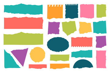 Colorful torn paper shapes set in flat hand cut style. Abstract collage elements with ripped edges for posters, social media, branding, scrapbooking and modern graphic design.