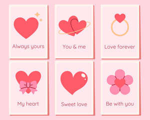 Minimalist Valentine greeting card set with cute hearts, romantic icons and short love phrases in soft pink palette. Perfect for posters, invitations, social media, prints and holiday design.