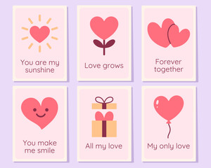 Minimalist Valentine greeting card set with cute hearts, romantic icons, gift box and short love phrases in soft pastel pink and lavender colors. Perfect for posters, invitations, prints and holiday d