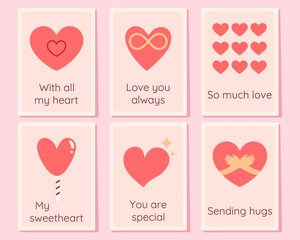 Set of cute Valentines Day mini cards with heart icons and romantic quotes in flat minimal style. Perfect for love messages, greeting cards, posters, social media and romantic designs.