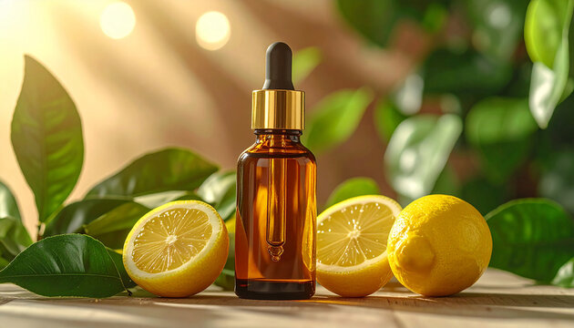 Amber essential oil bottle, lemons and green leaves, organic skincare product, natural cosmetic aesthetic