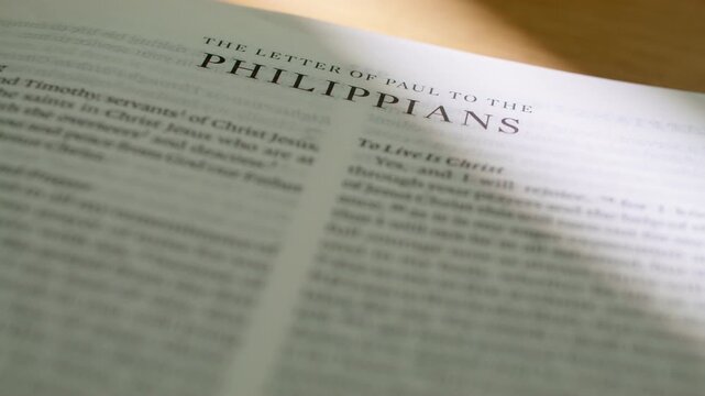 Letter to Philippians Bible book pages turn during a close up study of holy scripture, flipping through the New Testament epistle regarding joy, peace, and the strength of Christ.