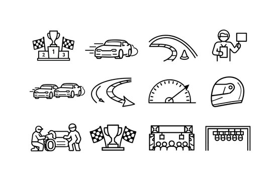 Motorsport Drift Icons. Motorsport drift. Line icon set of Motorsport drift: drift competition, race car slide, track apex, drift judging, tandem drift, high