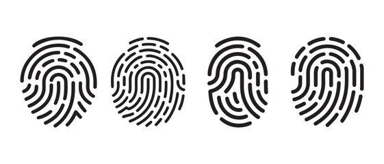 Set of Four Unique Fingerprint Icons Isolated on White Background.