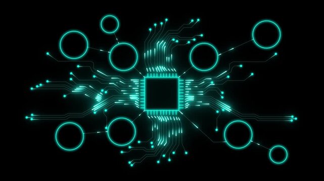 Circuit hud frame. Glowing circuit board with interconnected nodes and central processor with cyan light. Futuristic artificial intelligence circuit board with glowing blue processor background