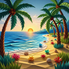 3D Paper Cut Style Sunset at Tropical Beach with Palm Trees and Seashells
