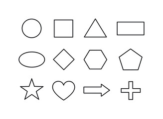 Geometric Icons Grid. Shape. Line icon set of Shape: circle, square, triangle, rectangle, oval, diamond, hexagon, pentagon, star, heart, arrow, plus sign. All