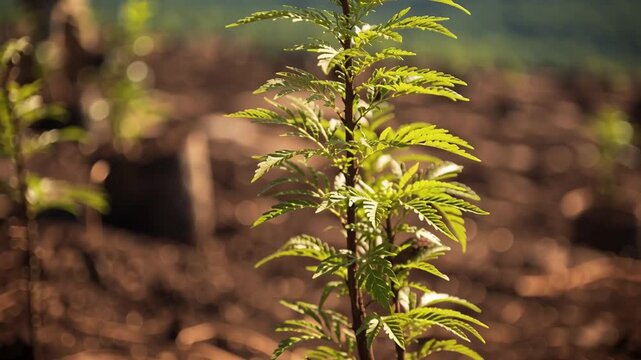 A tree plantation and reforestation. Furrows with evenly spaced seedlings in black pots. Blurred worker and a valley in the background. 