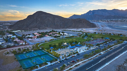 Aerial Lone Mountain Park Recreation Fields and Tennis Courts Las Vegas Golden Hour