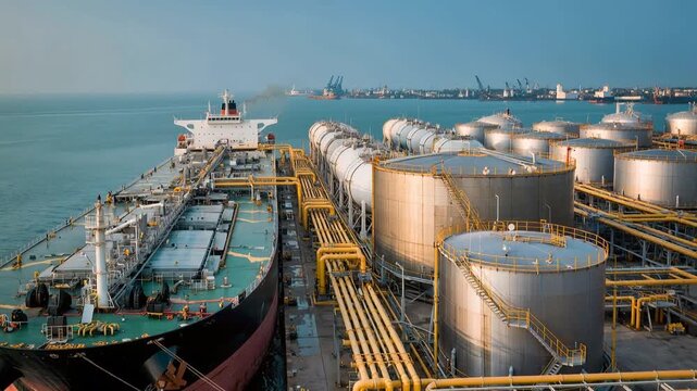 Large tanker ship moored at industrial terminal for fuel loading. Panning shot of maritime logistics and energy infrastructure.