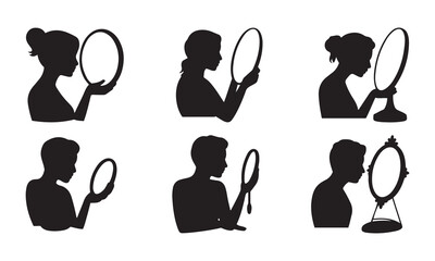 People Silhouettes Looking in Mirrors, Self-Reflection Set, Isolated on White Background.