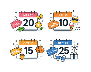 Minimalist Seasonal Promotion. Seasonal promotion flat illustration. Calendar pages and price tags combined with seasonal icons, representing limited-time