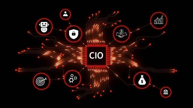 Cio network technology concept with interconnected icons representing business finance security. Futuristic cio technology concept with ai network, secure data systems and business growth.