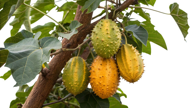 Exotic spiky gac fruits in various stages of ripeness on a verdant plant