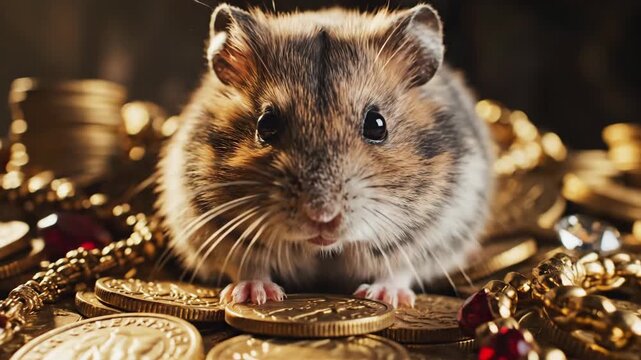In a warm, inviting room, a playful hamster scurries over a dazzling pile of coins and gems, showcasing its curious and adventurous spirit while exploring its sparkly world of treasure.