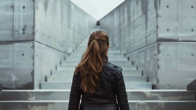 Video A woman wearing a black leather jacket stands in front of some stairs, ready to take her next step