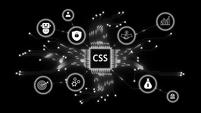 Css technology network connections data flow abstract digital circuit board with icons. Futuristic technology network concept with digital data flow, business strategy and secure systems.
