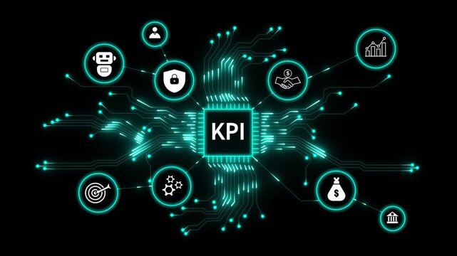 Digital network connecting business icons around a central cpu displaying kpi key performance. Futuristic kpi dashboard concept with digital analytics, performance metrics and business growth.