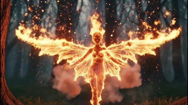 Fiery phoenix ascension in enchanted forest with dynamic flame wings