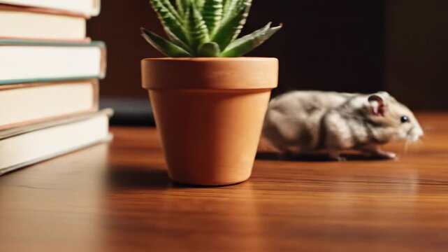 A curious hamster scurries across a wooden desk, gently navigating past stacks of books and a small potted plant. The warm afternoon light fills the space with a cozy atmosphere.