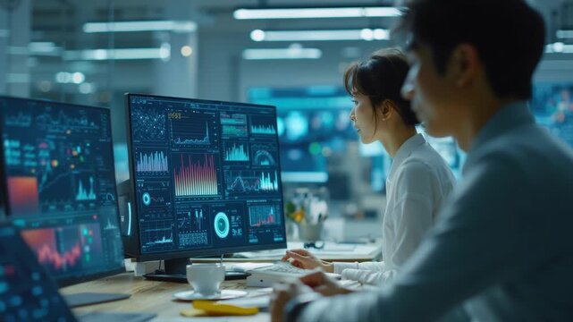 Data analysts working with complex charts on computer monitors. Professionals collaborating on digital dashboards in a high-tech office. Technology and big data concept