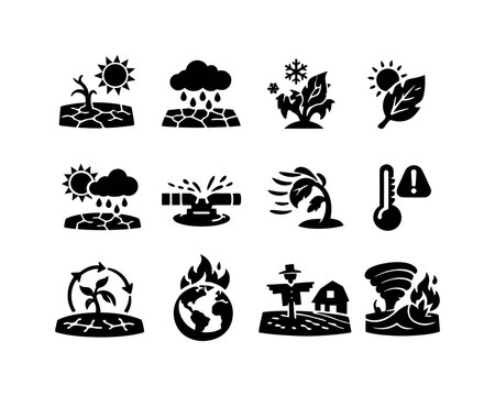 Climate Impact Icons. Climate Impact on Crops. Solid icon set of Climate Impact on Crops: scorched earth, dry rain cloud, frost damage icon, sunburnt leaf,
