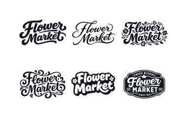 Fototapeta premium Creative Lettering Showcase. Flower market. Set lettering. harmonious lettering variations of the same emblematic concept, each with different artistic