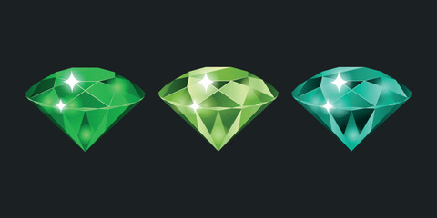 Set of hand-drawn green faceted diamonds &ndash; Shiny Gemstones on Dark Background