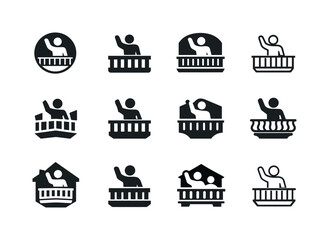Balcony Wave Icons. Waving from a balcony. Icon set. Set Logo of Waving from a balcony: balcony interaction. harmonious logo variations of the same emblematic