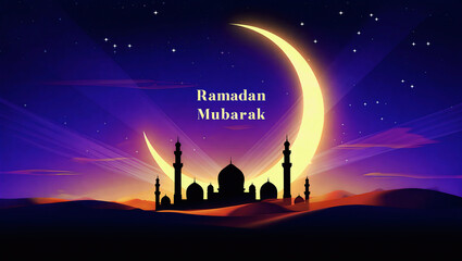 Naklejka premium cinematic ramadan mubarak islamic night scene with glowing crescent moon and mosque
