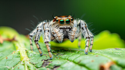 Jumping spider macro on green leaf extreme closeup