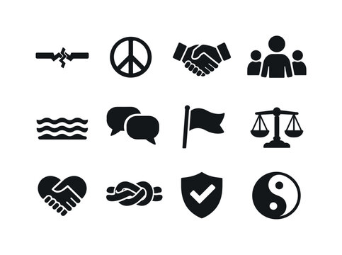 Conflict Resolution Icons. Conflict Resolution. Solid icon set of Conflict Resolution: broken line repaired, peace symbol, handshake, mediator figure, calm