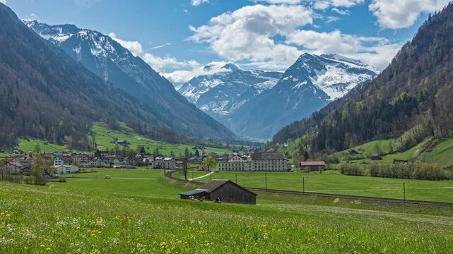 Time lapse, steep-sided alpine valley. The Linth Valley, Linthtal, canton of Glarus, Switzerland.