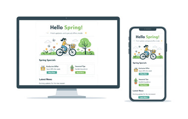 Spring Newsletter Designs. Newsletter templates for spring. A responsive email mockup shown on desktop and mobile screens, consistent layout and light seasonal