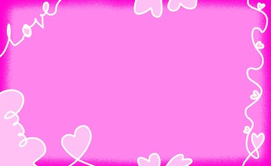 Cute pink love text and hearts doodle frame background with soft gradient border and playful white line art for valentine's day 