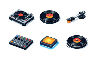 Fototapeta premium DJ Turntable Icons. DJ Turntable. Isometric flat vector icons set of DJ Turntable: classic vinyl turntable, slipmat with record, tonearm and cartridge, mixer