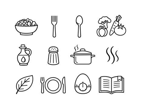 Quinoa Meal Icons. Healthy Quinoa Meal. Line icon set of Healthy Quinoa Meal: quinoa bowl, fork, spoon, vegetables mix, olive oil bottle, salt shaker, cooking