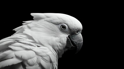 Obraz premium Close-up of a white cockatoo against a stark black background. Detailed feather texture, sharp beak, intelligent eye