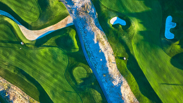 Aerial Golf Course Green Fairway and Sand Bunker at Golden Hour Las Vegas Top Down
