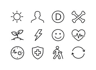 Sunlight Benefits Icons. Why we need sunlight. Line icon set of Why we need sunlight: sun symbol, human silhouette, vitamin D icon, healthy bones, plant