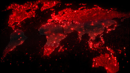 A red illuminated world map made of digital points, representing global cyber attacks, data security risks and worldwide digital conflict