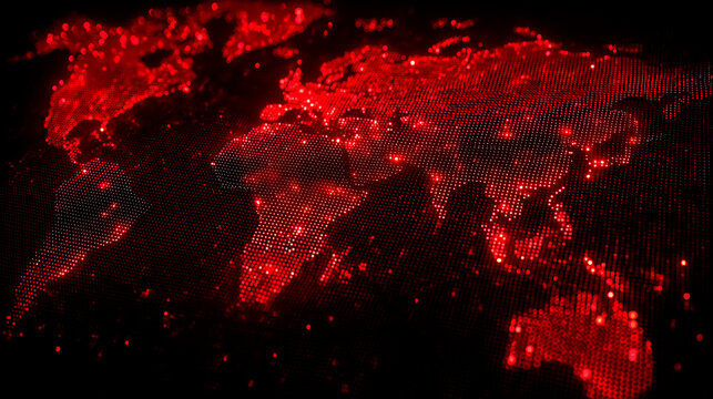A red illuminated world map made of digital points, representing global cyber attacks, data security risks and worldwide digital conflict