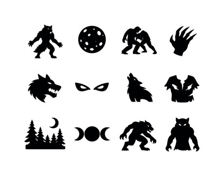 Werewolf Icons Collection. Werewolves. Solid icon set of Werewolves: werewolf silhouette, full moon, transformation pose, clawed hand, wolf head, glowing eyes,