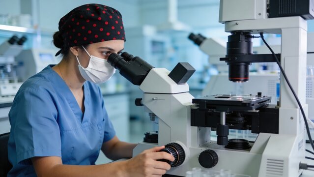 A scientist in a lab coat and mask examines a slide under a microscope in a laboratory setting. The image conveys themes of scientific research, medical analysis, and technological advancement.